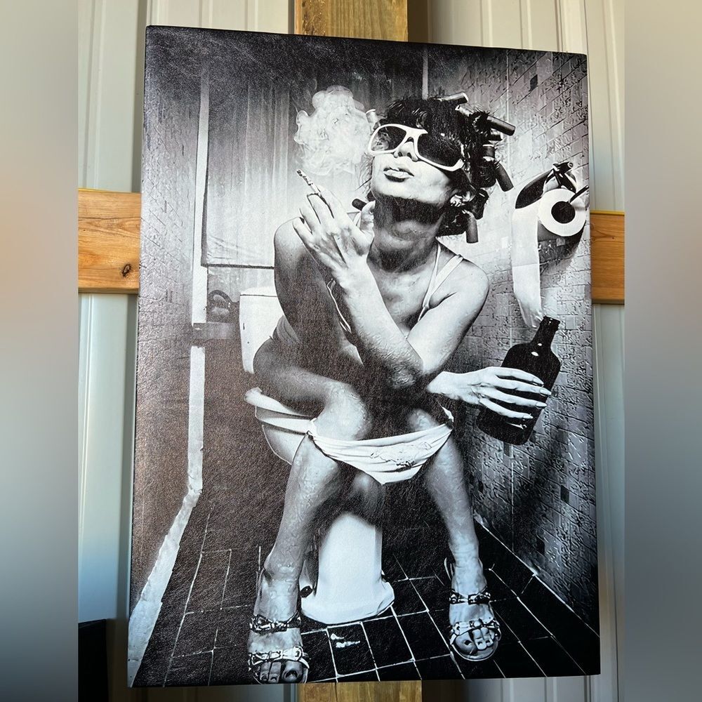 GIRL SMOKING ON TOILET BATHROOM B&W ARTWORK